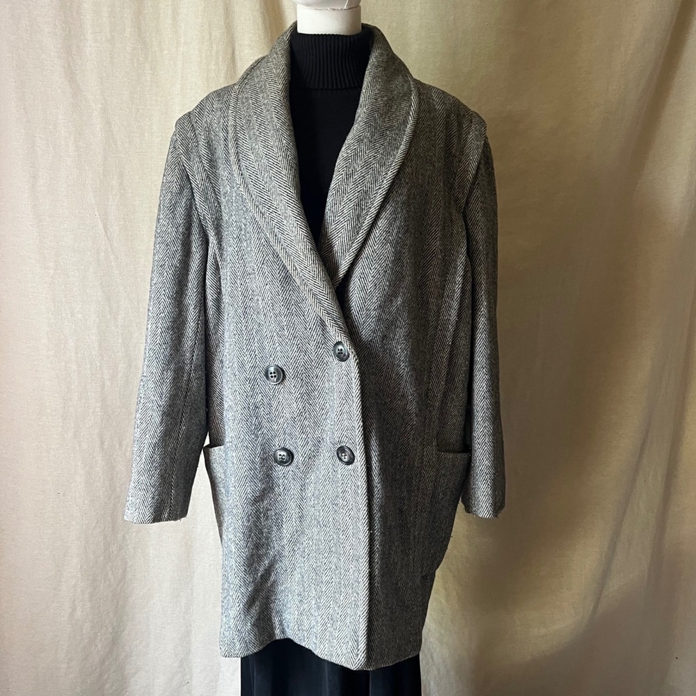 Vintage Jonathan Logan Wool Herringbone Cocoon Coat Gray Shawl Collar L/XL